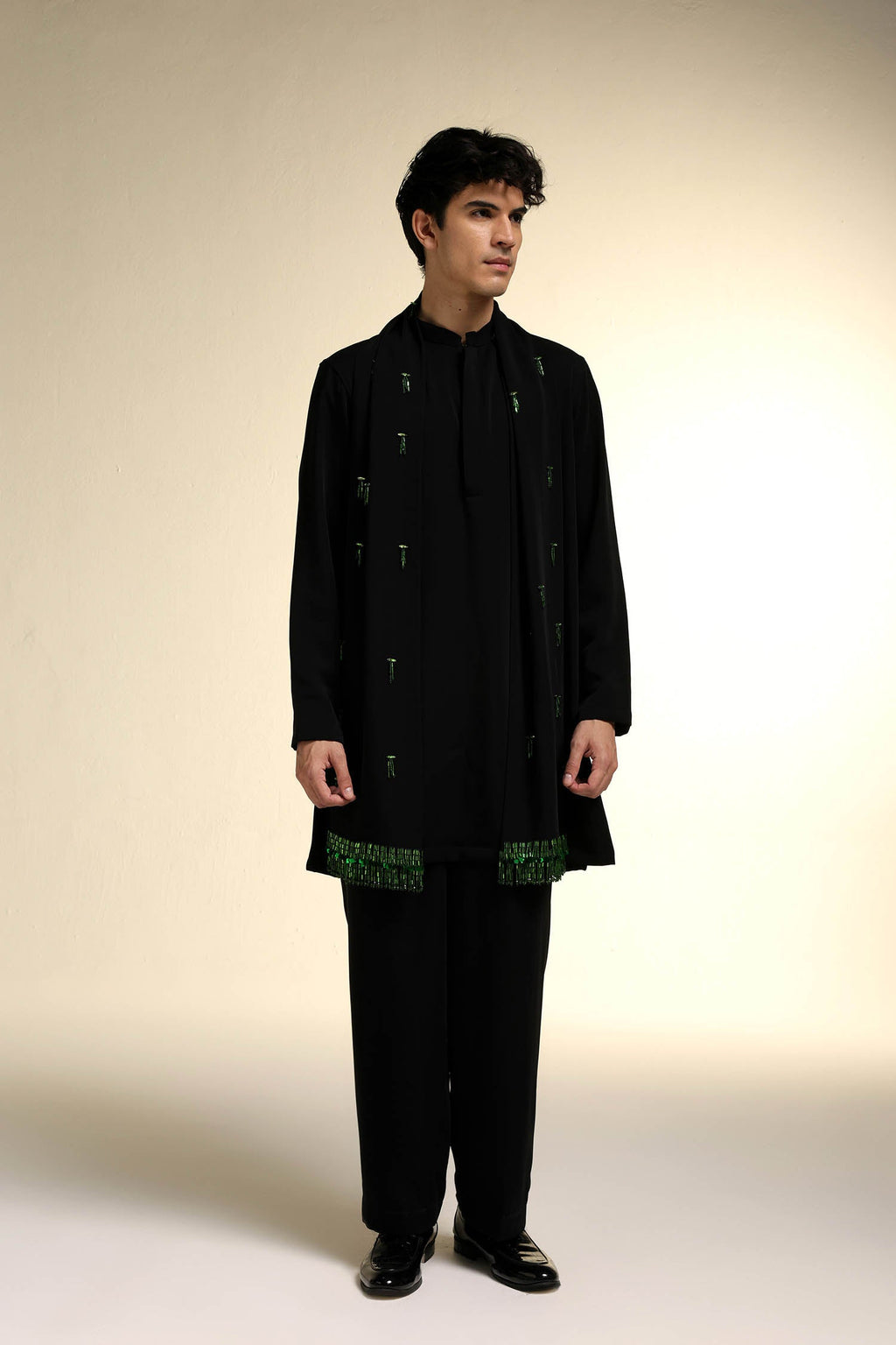 Emerald Fringe - Hand Embroidered Designer Shawl - Black