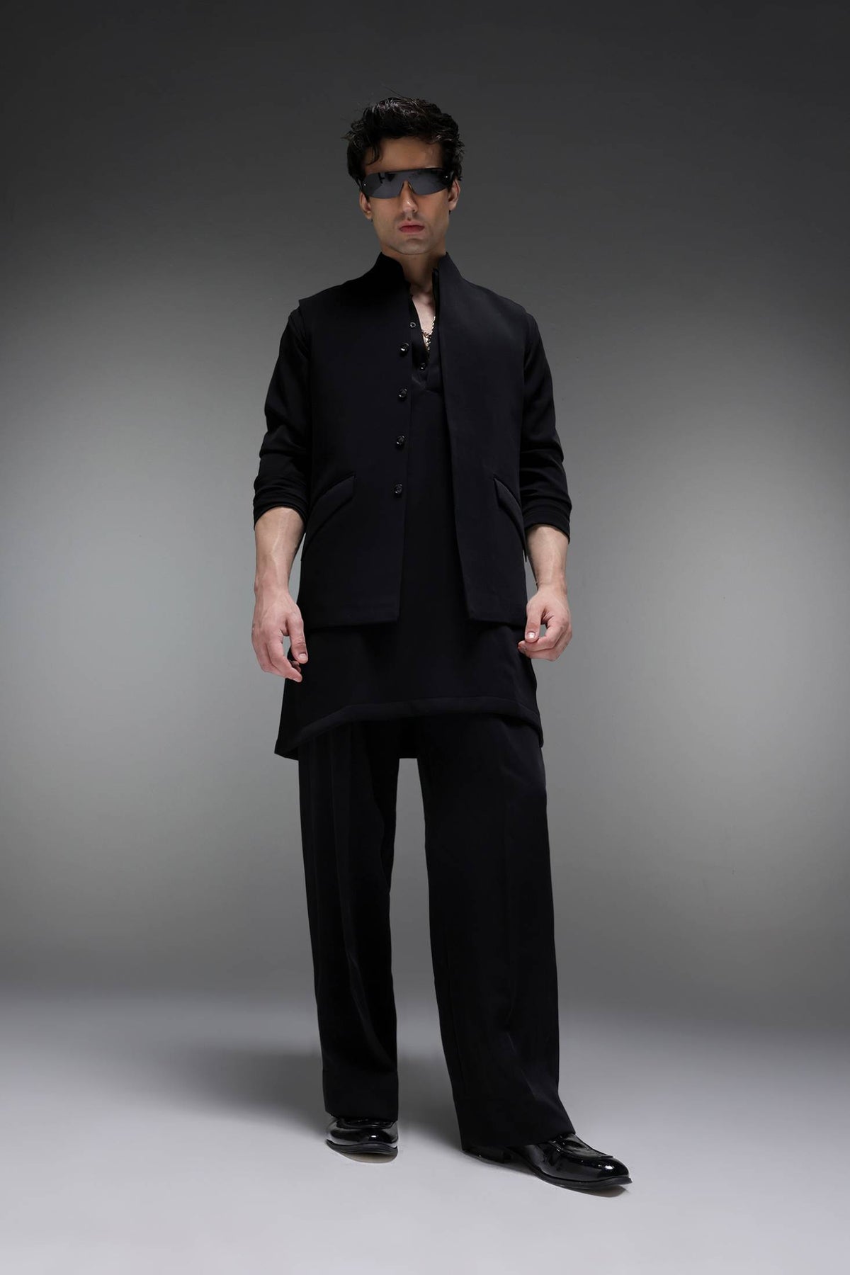 Highneck Black - Hand Crafted Designer Bundi With Kurta - Black