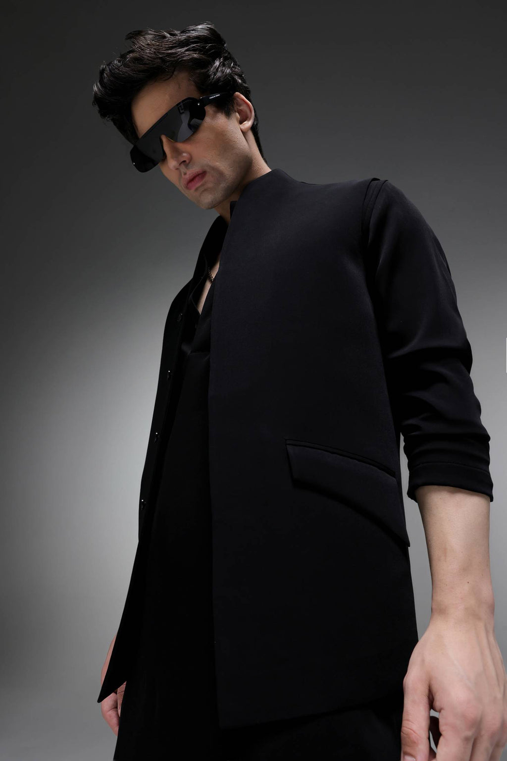 Highneck Black - Hand Crafted Designer Bundi With Kurta - Black
