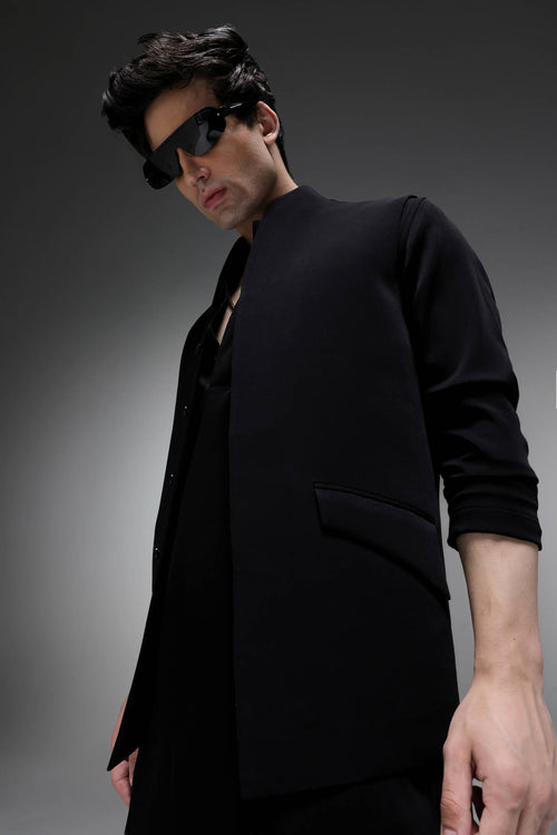 Highneck Black - Hand Crafted Designer Bundi With Kurta - Black
