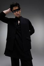 Highneck Black - Hand Crafted Designer Bundi With Kurta - Black