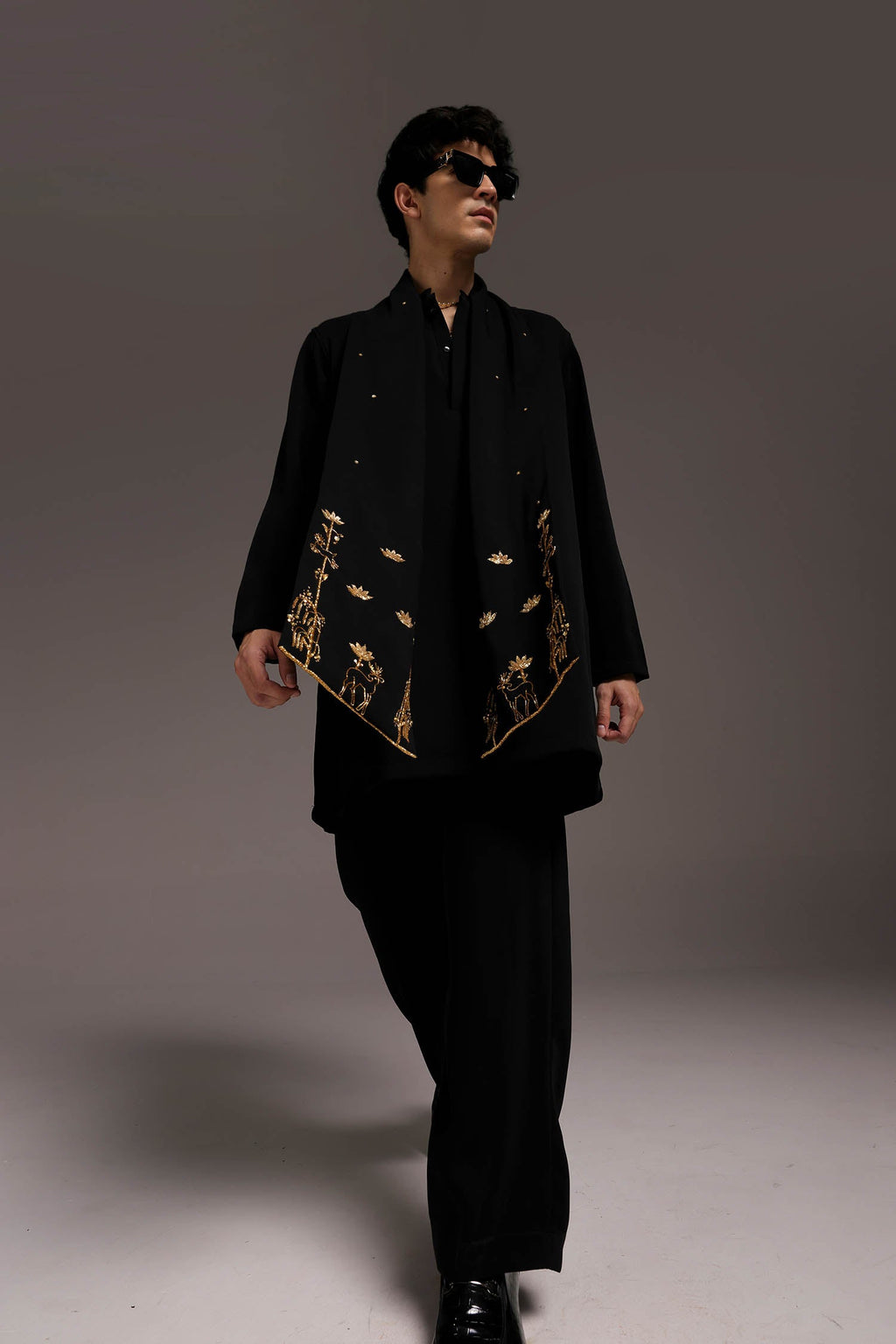 Roe - Hand Embroidered Designer Shawl - Black