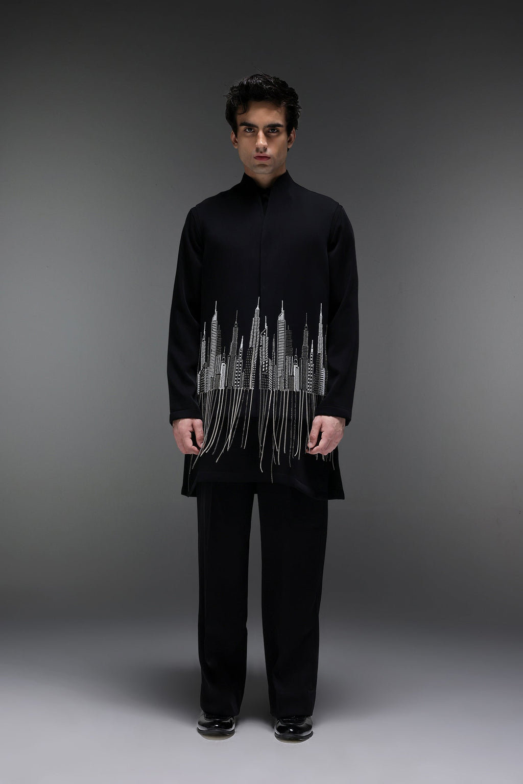 Skyline - Hand Embroidered Designer Bundi With Kurta - Black