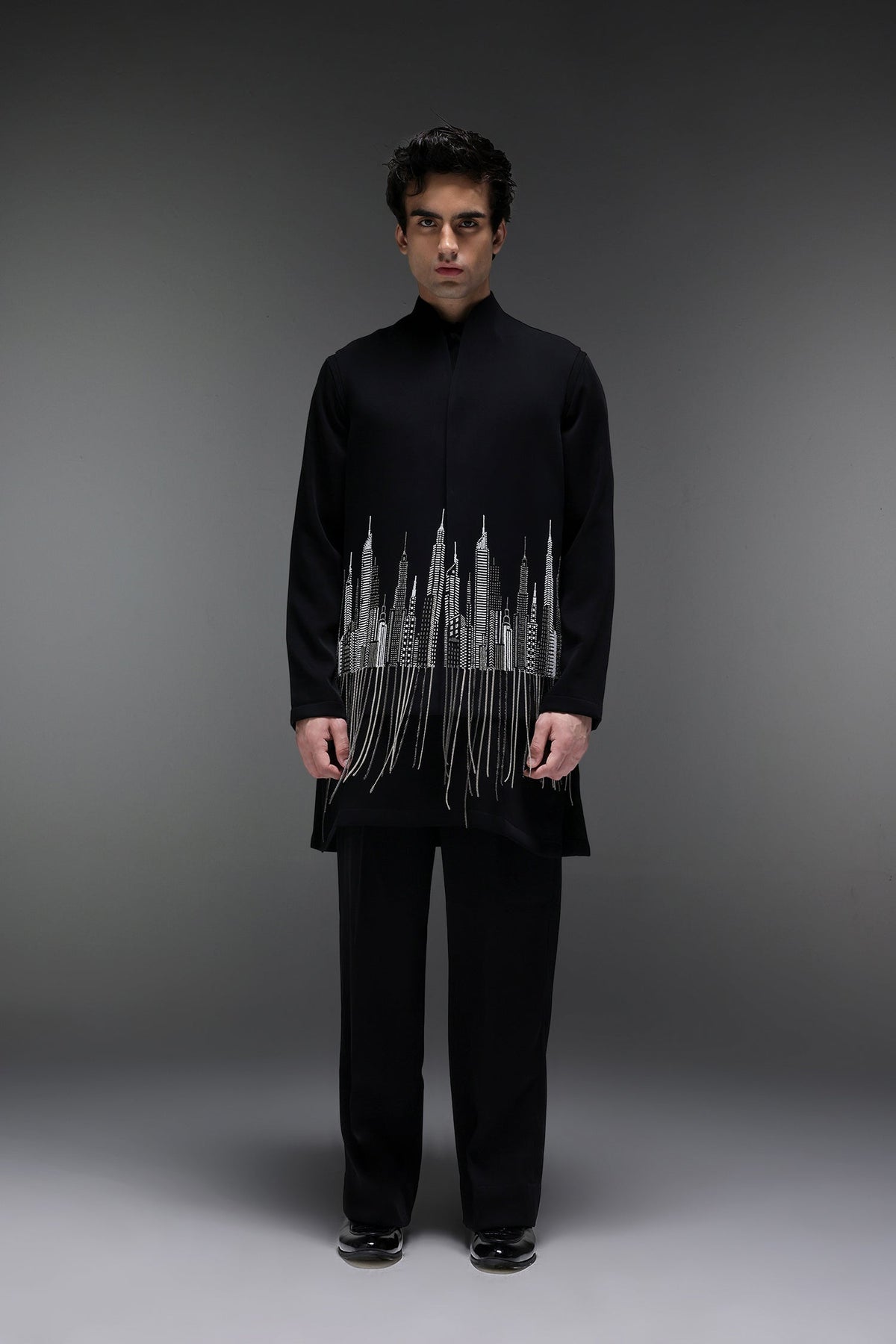 Skyline - Hand Embroidered Designer Bundi With Kurta - Black