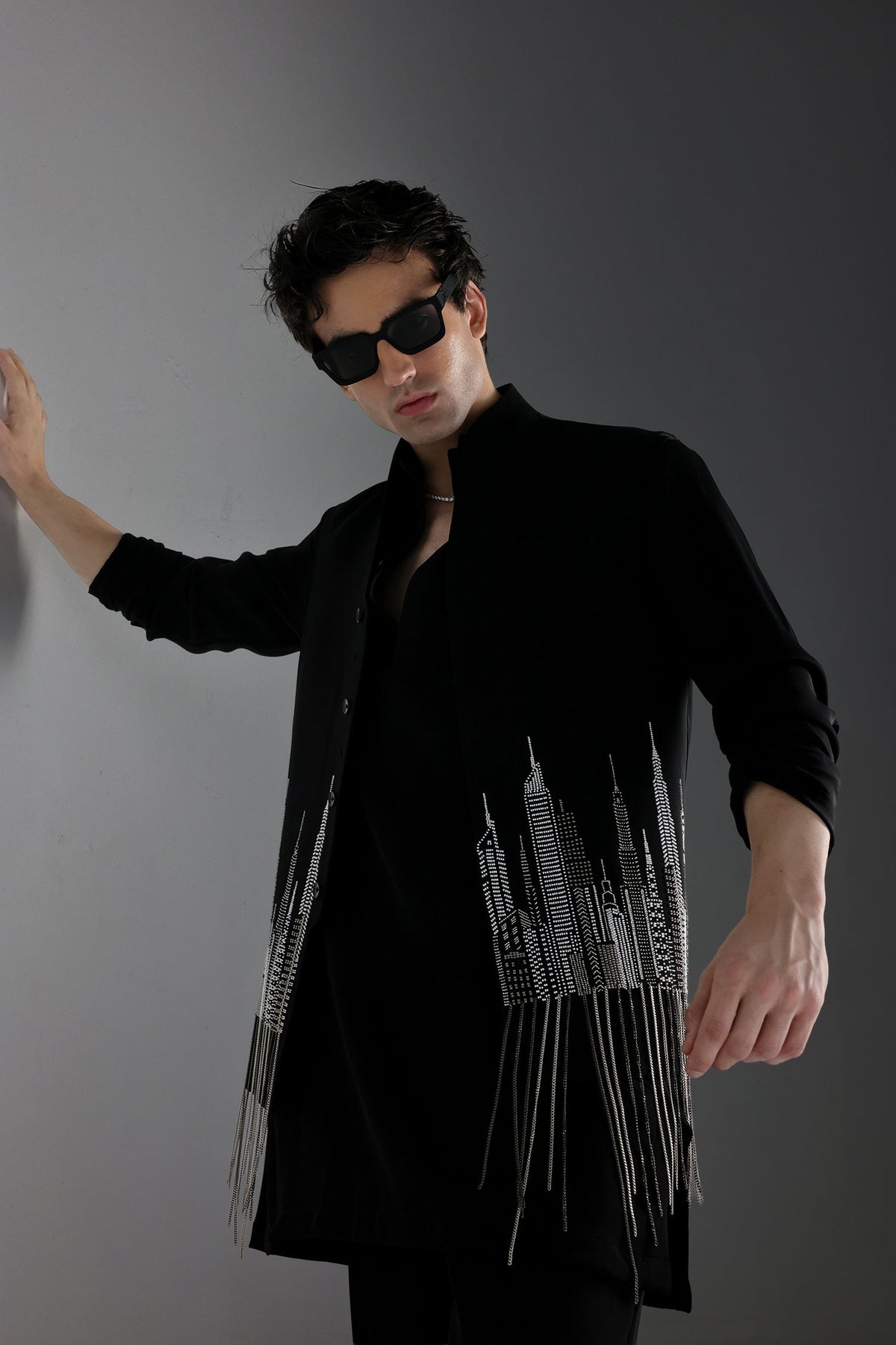 Skyline - Hand Embroidered Designer Bundi With Kurta - Black