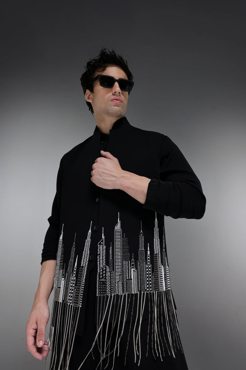 Skyline - Hand Embroidered Designer Bundi With Kurta - Black