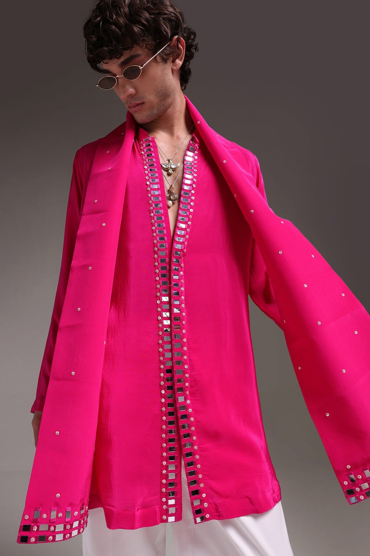 Radiate(Mirror Work) - Hand Embroidered Designer Kurta - Hot Pink
