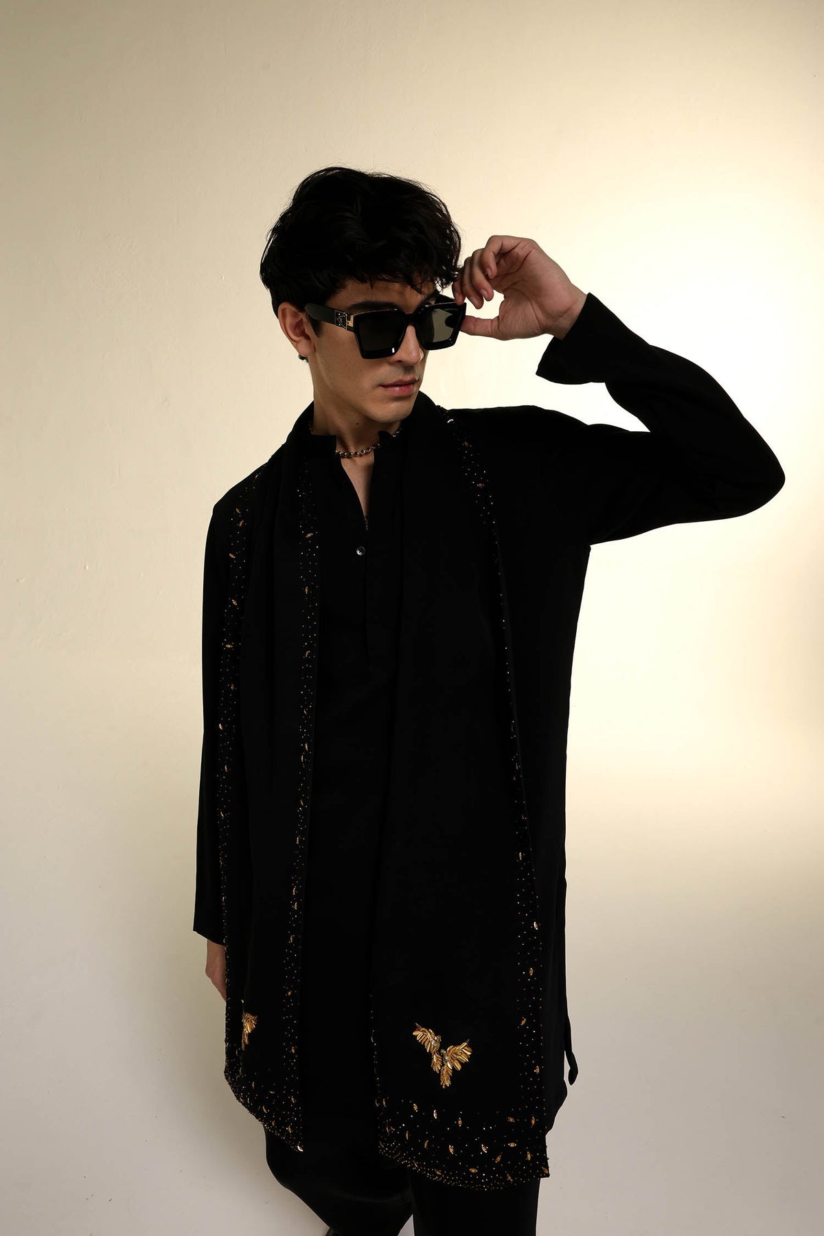 Perch - Hand Embroidered Designer Shawl - Black