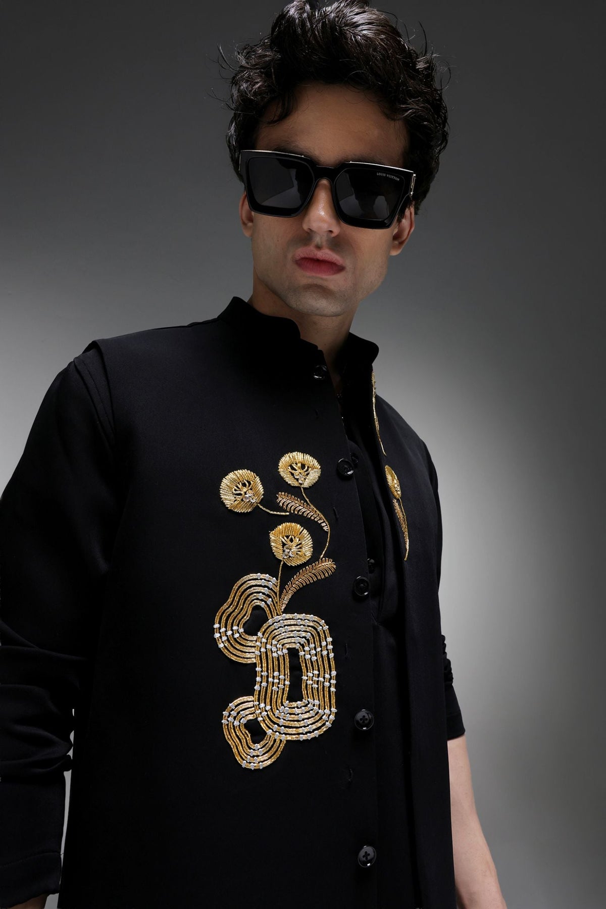 Fiore - Hand Embroidered Designer Bundi With Kurta - Black
