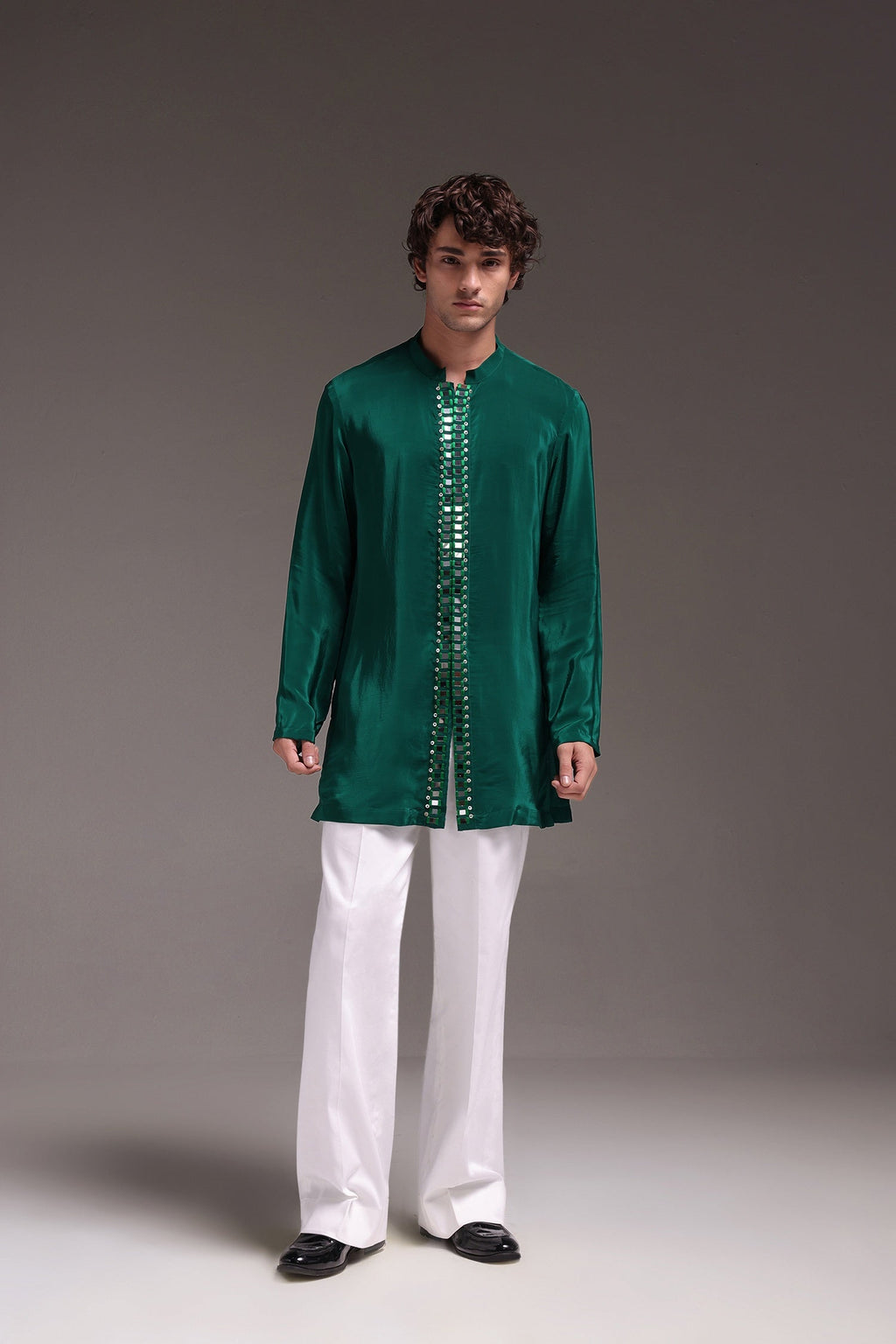 Radiate (Mirror Work) - Hand Embroidered Designer Kurta - Bottle Green