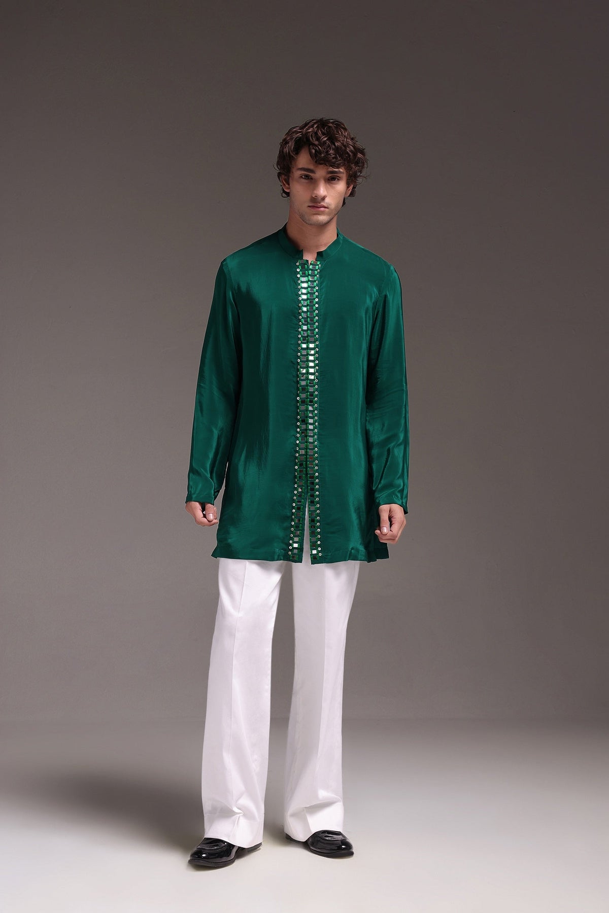 Radiate (Mirror Work) - Hand Embroidered Designer Kurta - Bottle Green