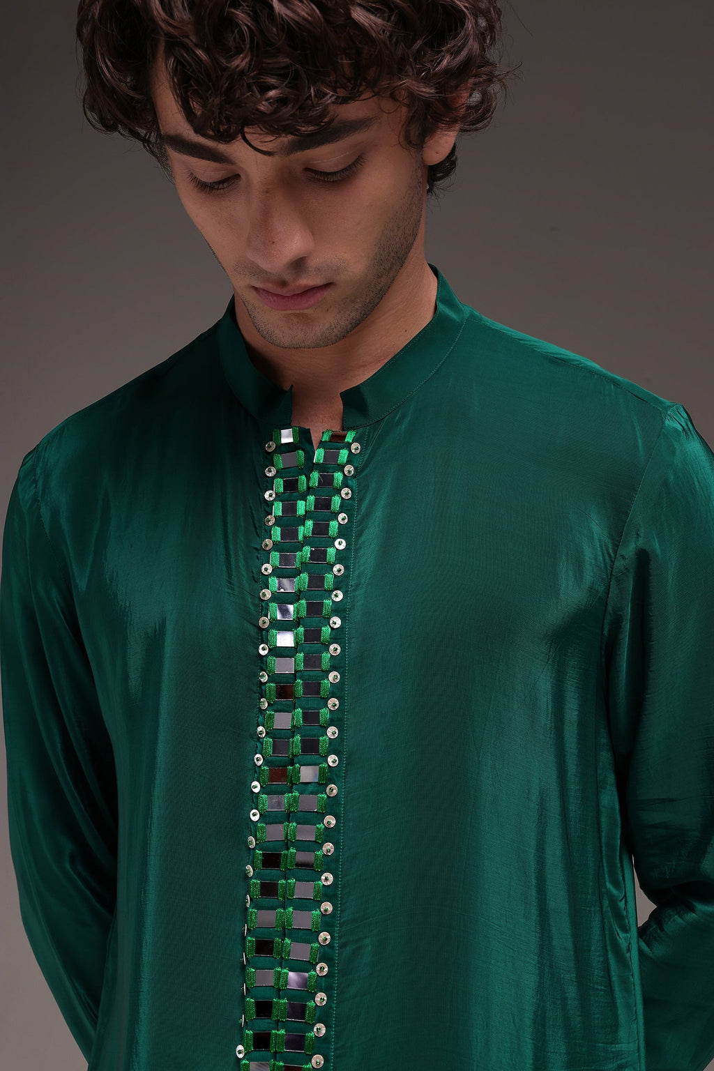 Radiate (Mirror Work) - Hand Embroidered Designer Kurta - Bottle Green