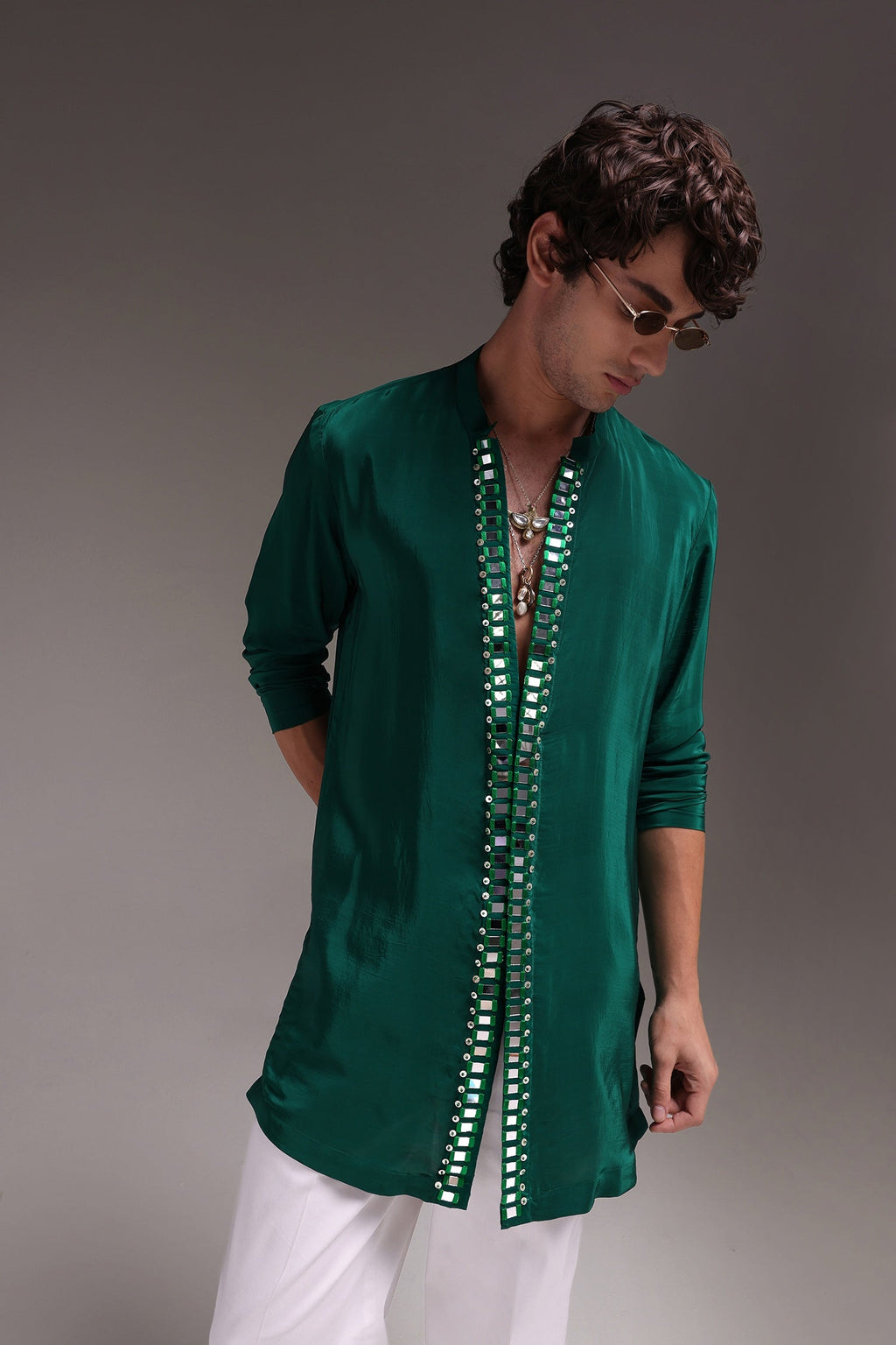 Radiate (Mirror Work) - Hand Embroidered Designer Kurta - Bottle Green