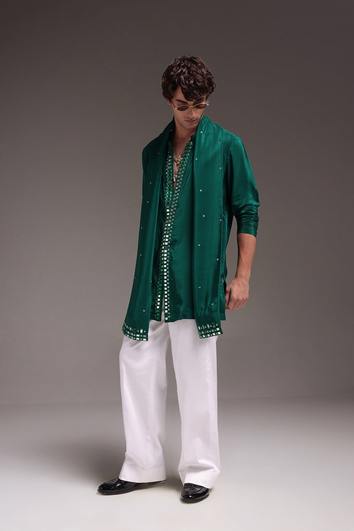 Radiate (Mirror Work) - Hand Embroidered Designer Kurta - Bottle Green