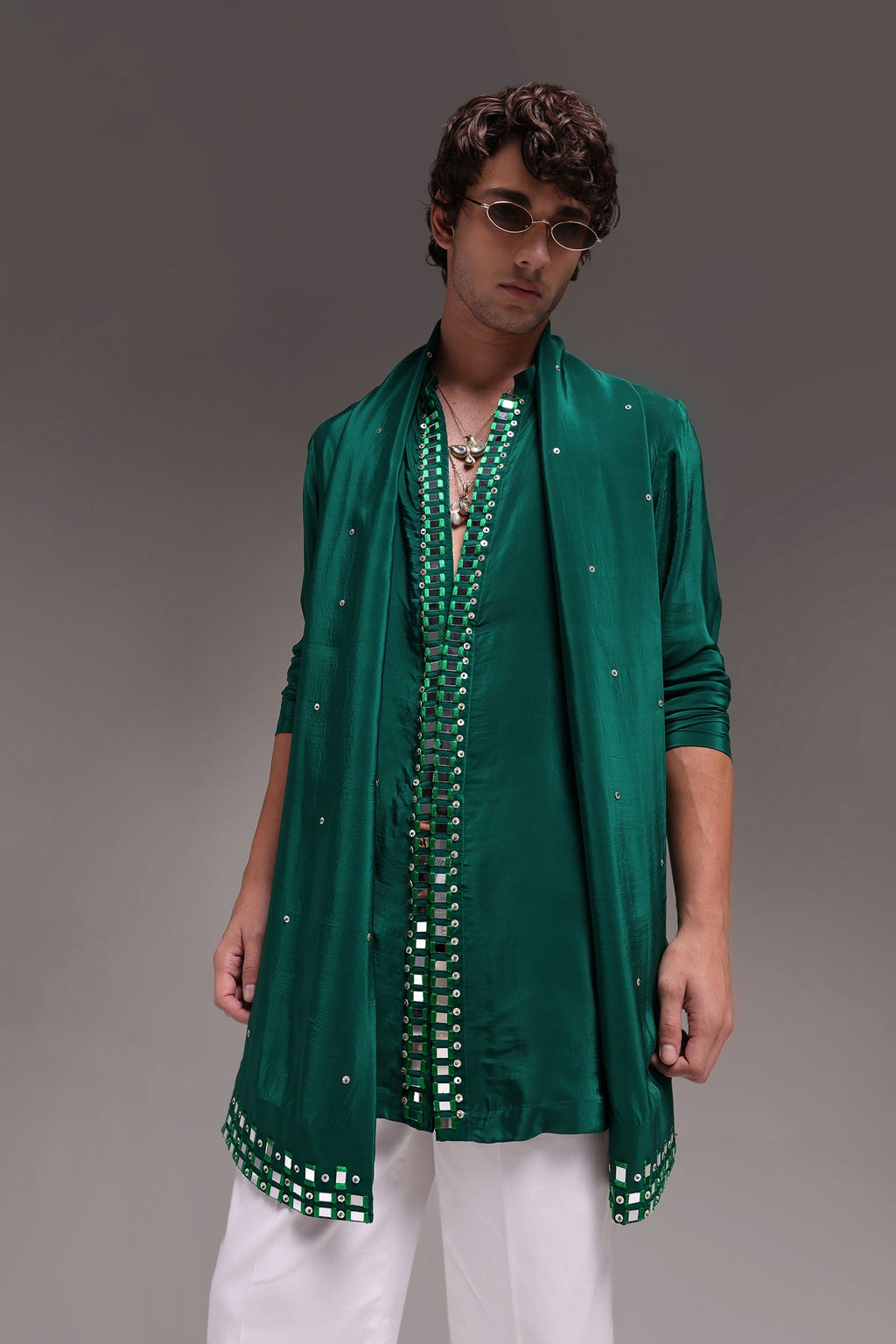 Radiate (Mirror Work) - Hand Embroidered Designer Kurta - Bottle Green