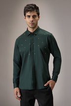 Heart Allover - Hand Embroidered Designer Shirt - Bottle Green