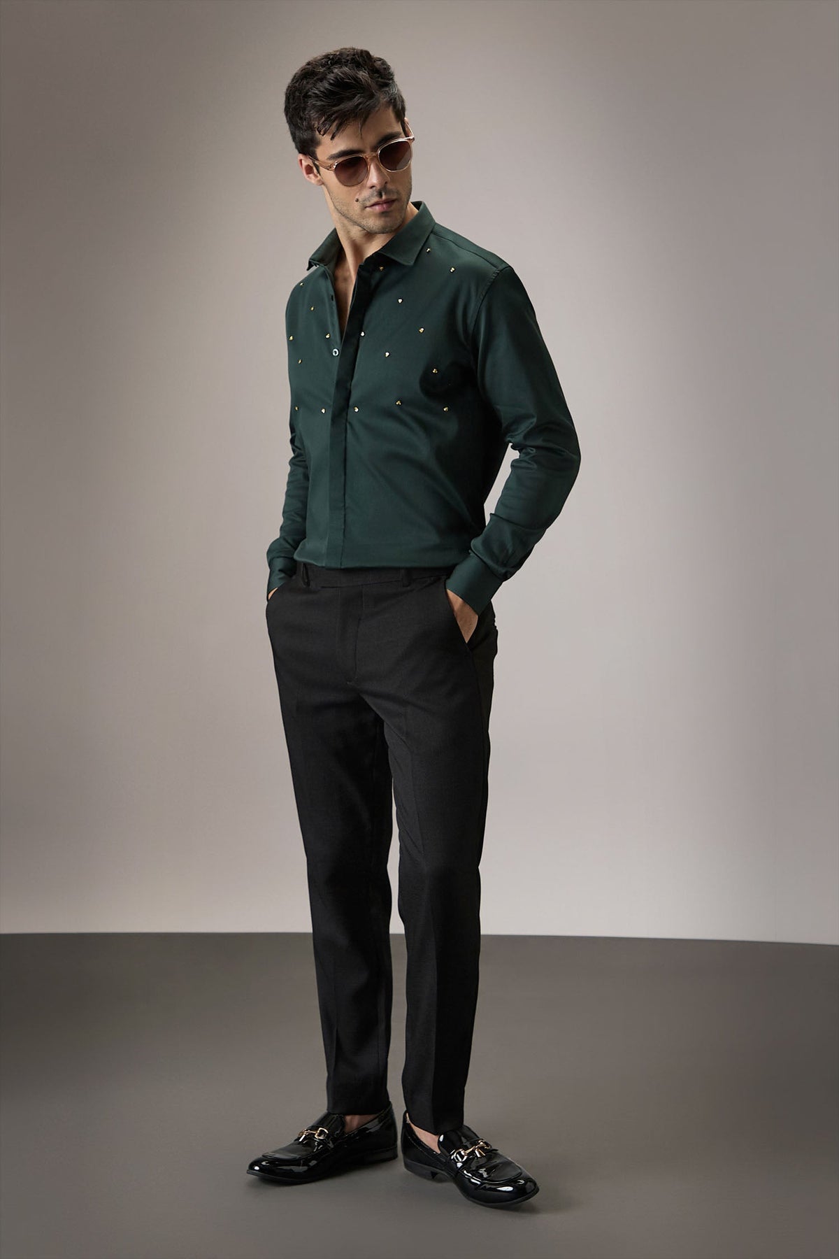 Heart Allover - Hand Embroidered Designer Shirt - Bottle Green