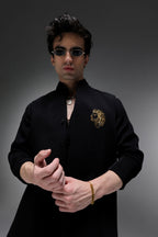 Leo(Lion) - Hand Embroidered Designer Bundi With Kurta - Black
