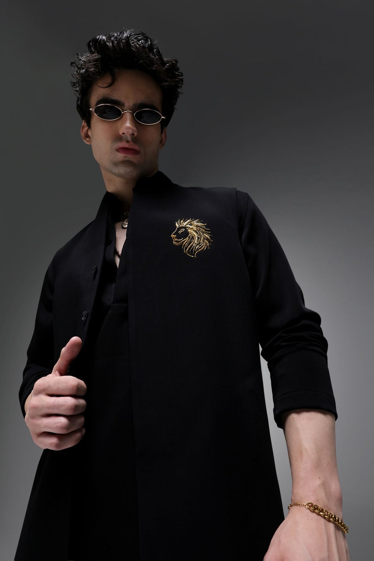 Leo(Lion) - Hand Embroidered Designer Bundi With Kurta - Black