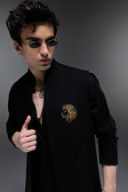 Leo(Lion) - Hand Embroidered Designer Bundi With Kurta - Black