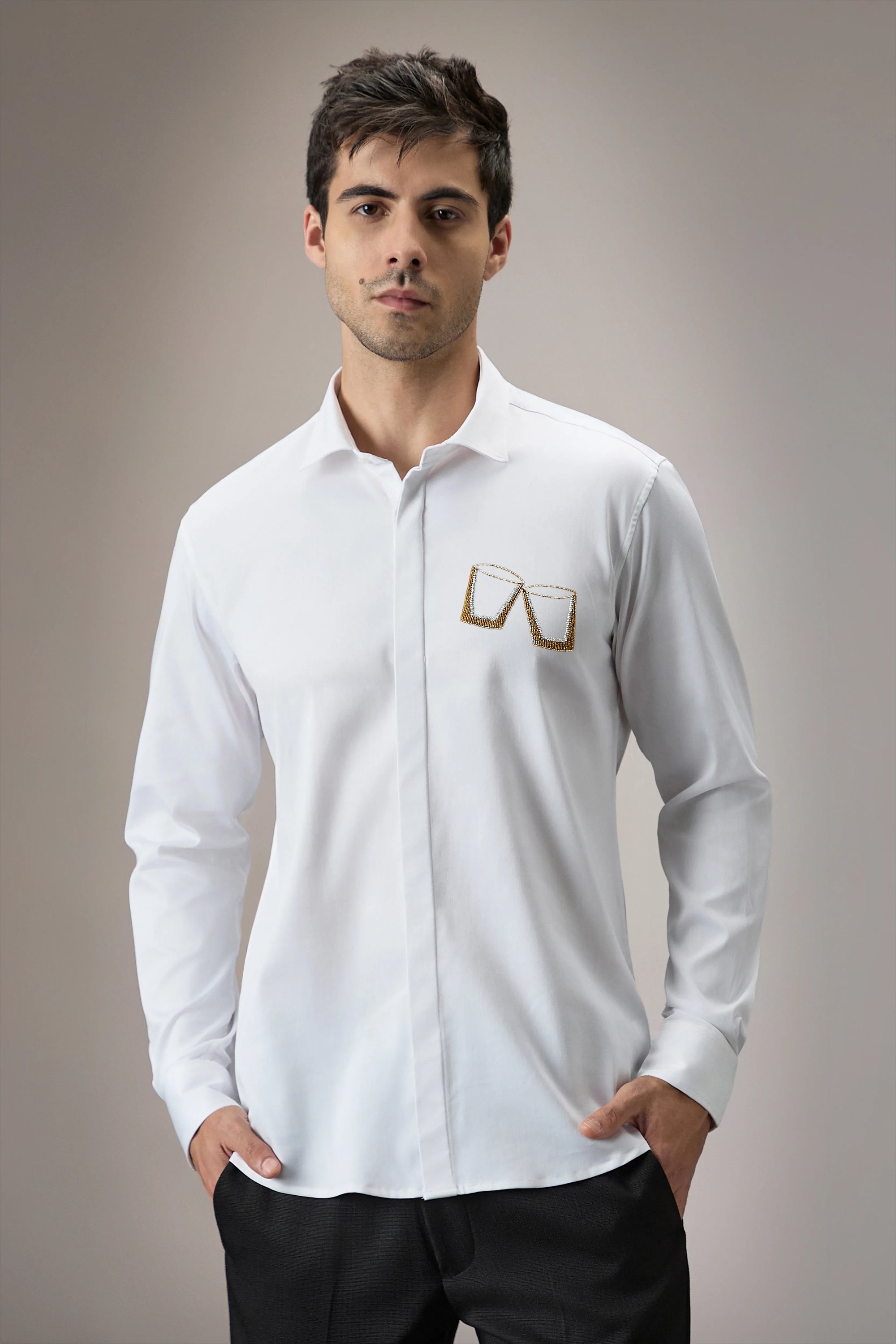 Buy Me Shots - Hand Embroidered Designer Shirt - White