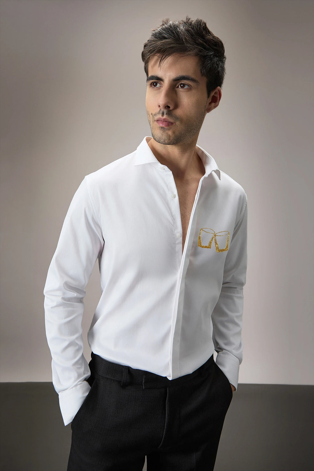 Buy Me Shots - Hand Embroidered Designer Shirt - White