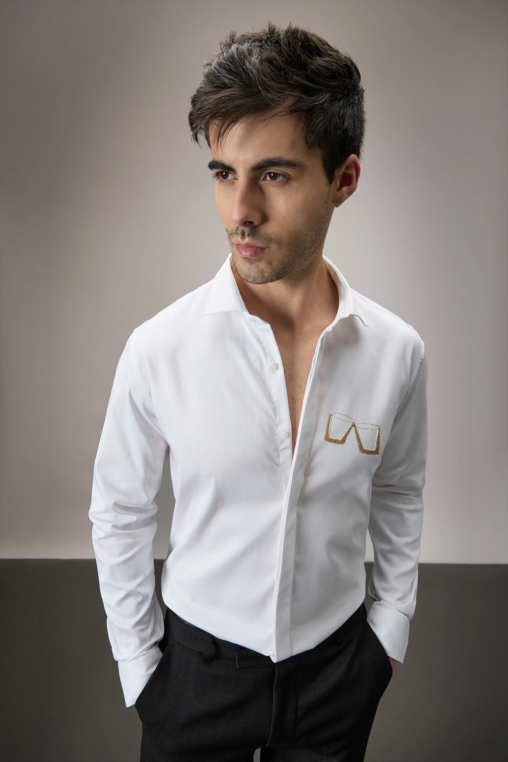 Buy Me Shots - Hand Embroidered Designer Shirt - White