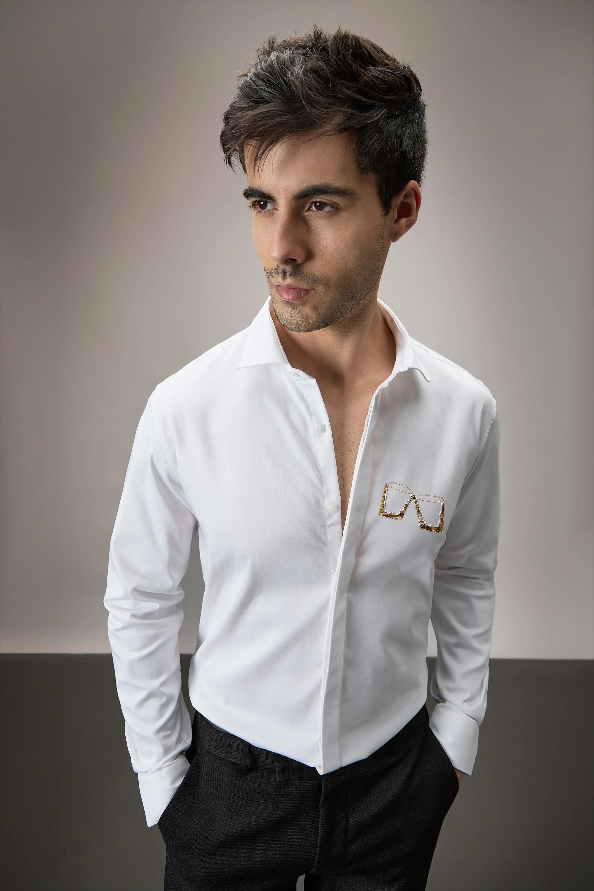 Buy Me Shots - Hand Embroidered Designer Shirt - White