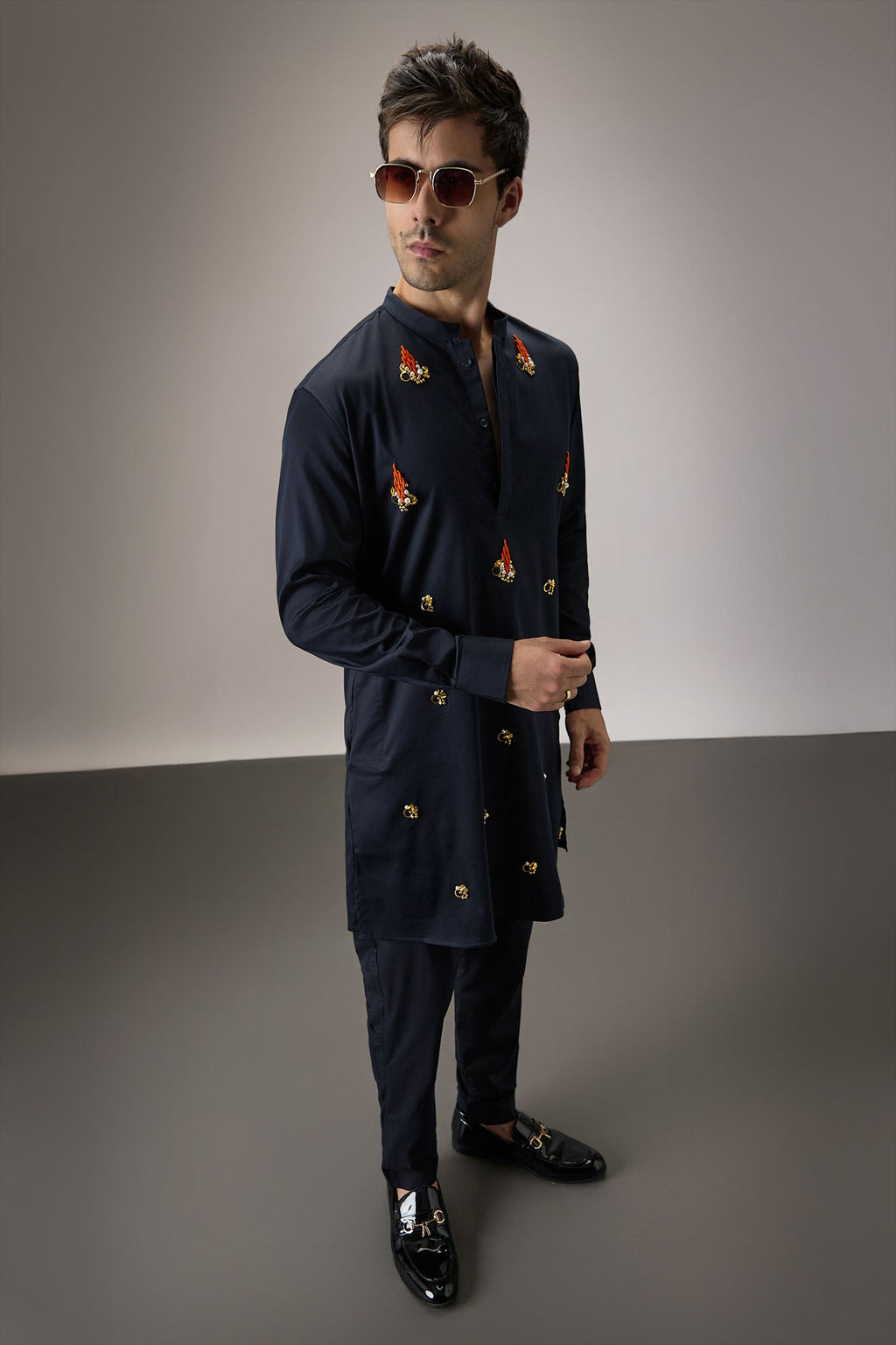 Kelp(Ocean) - Hand Embroidered Designer Kurta - Navy