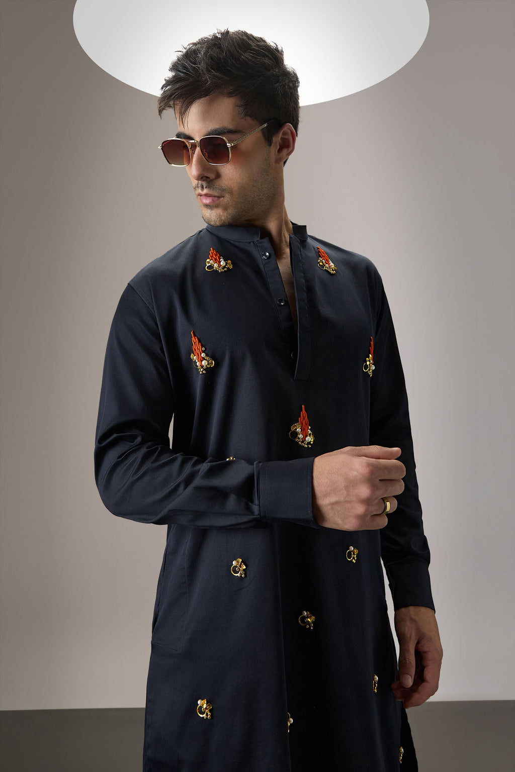 Kelp(Ocean) - Hand Embroidered Designer Kurta - Navy