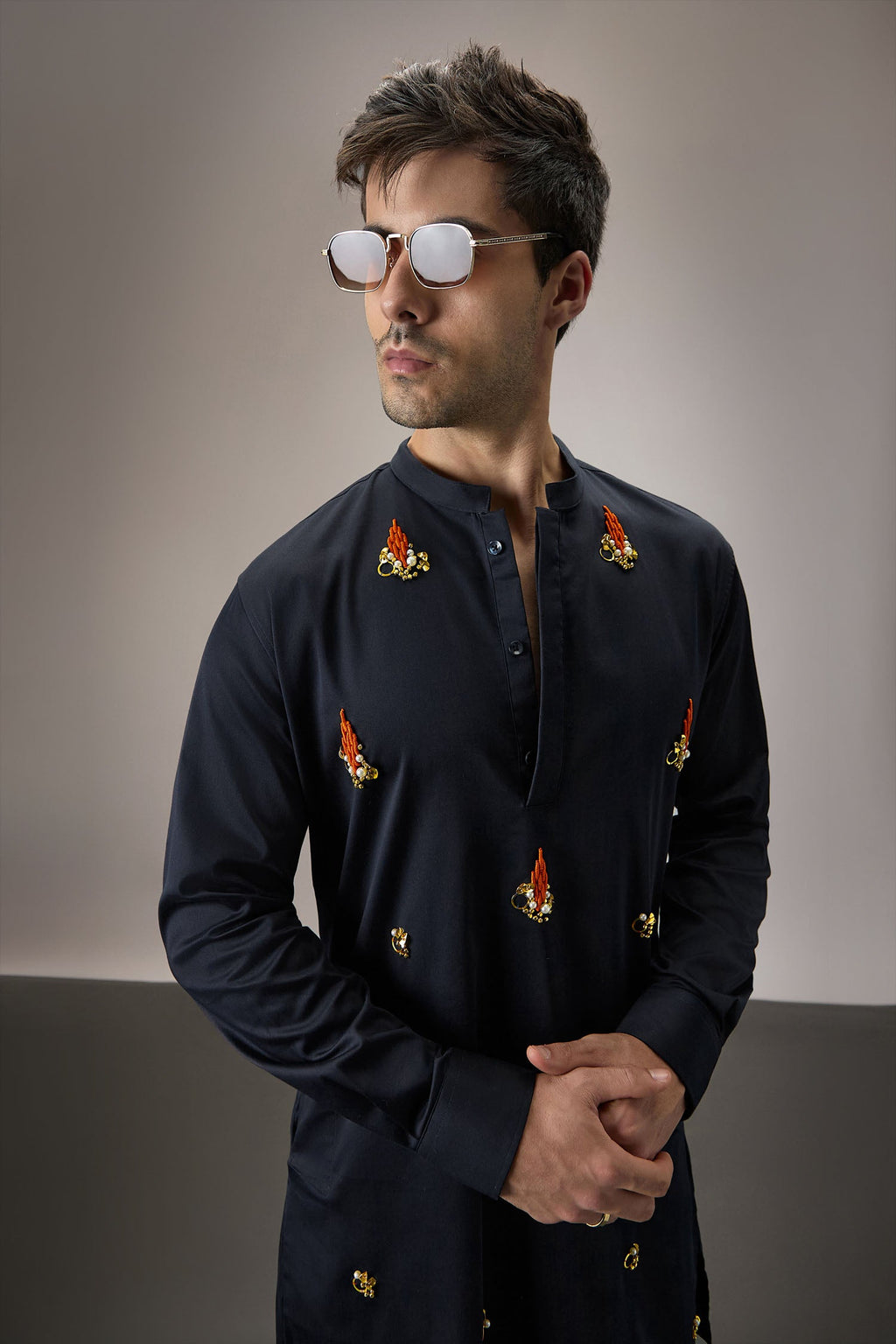 Kelp(Ocean) - Hand Embroidered Designer Kurta - Navy