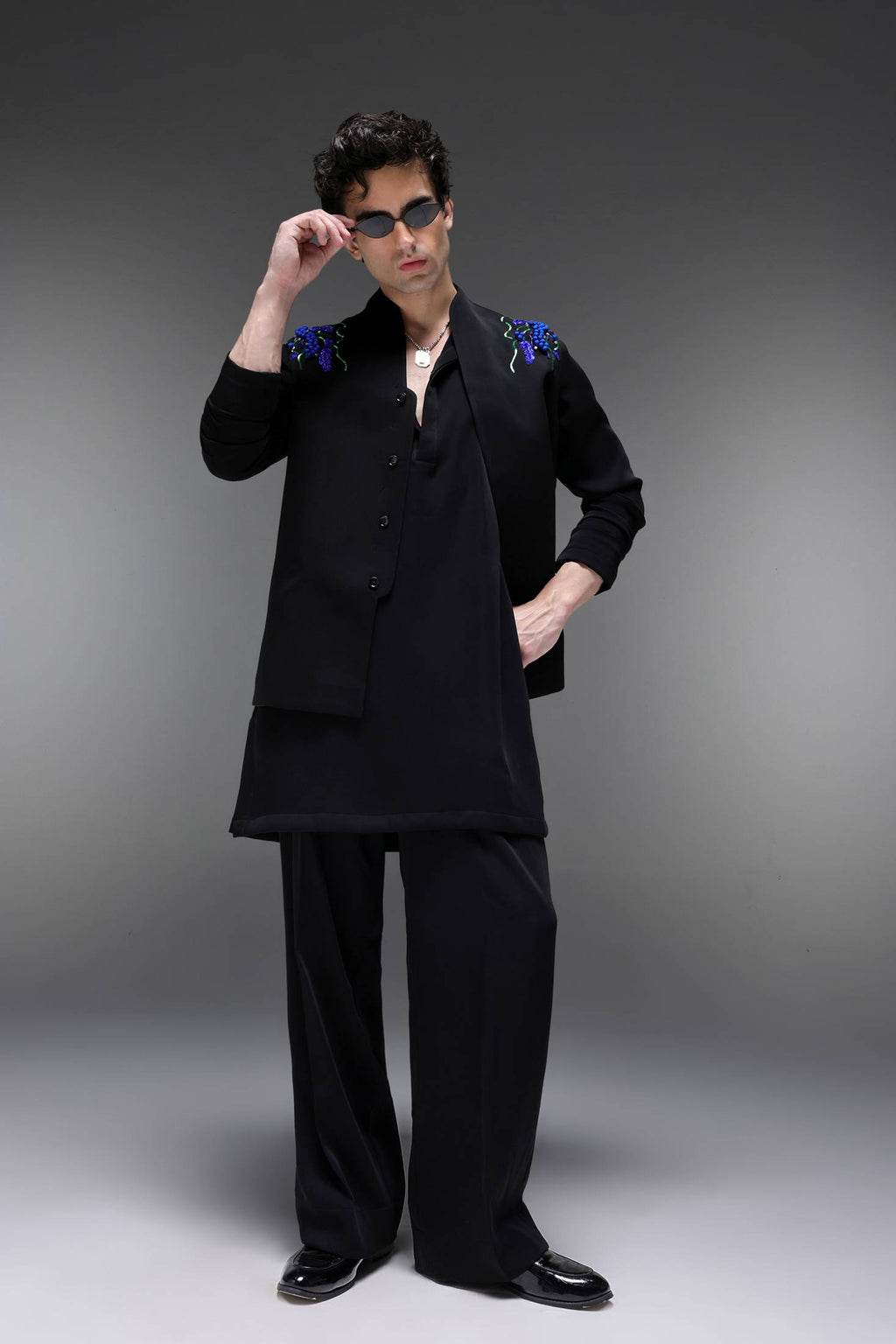 Spring - Hand Embroidered Designer Bundi With Kurta - Black