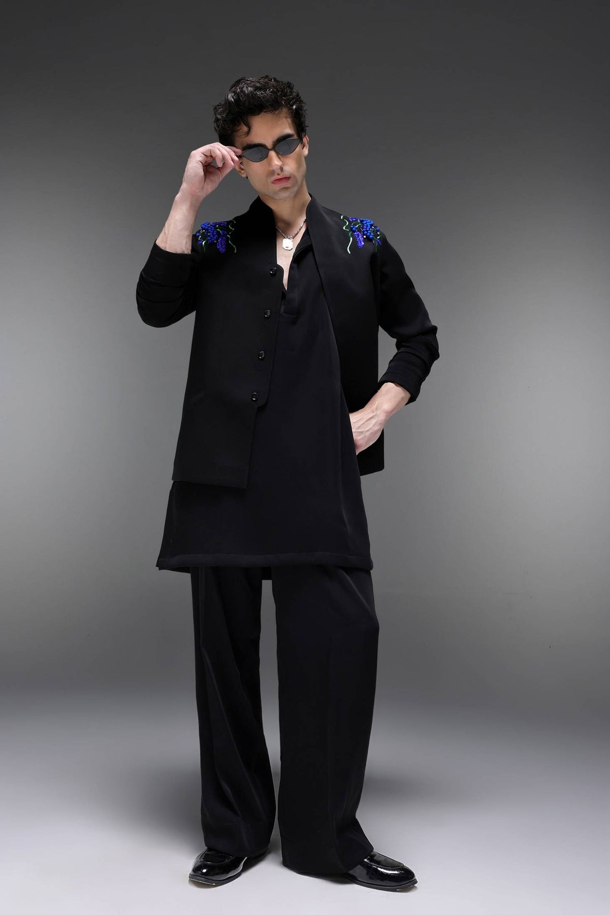 Spring - Hand Embroidered Designer Bundi With Kurta - Black