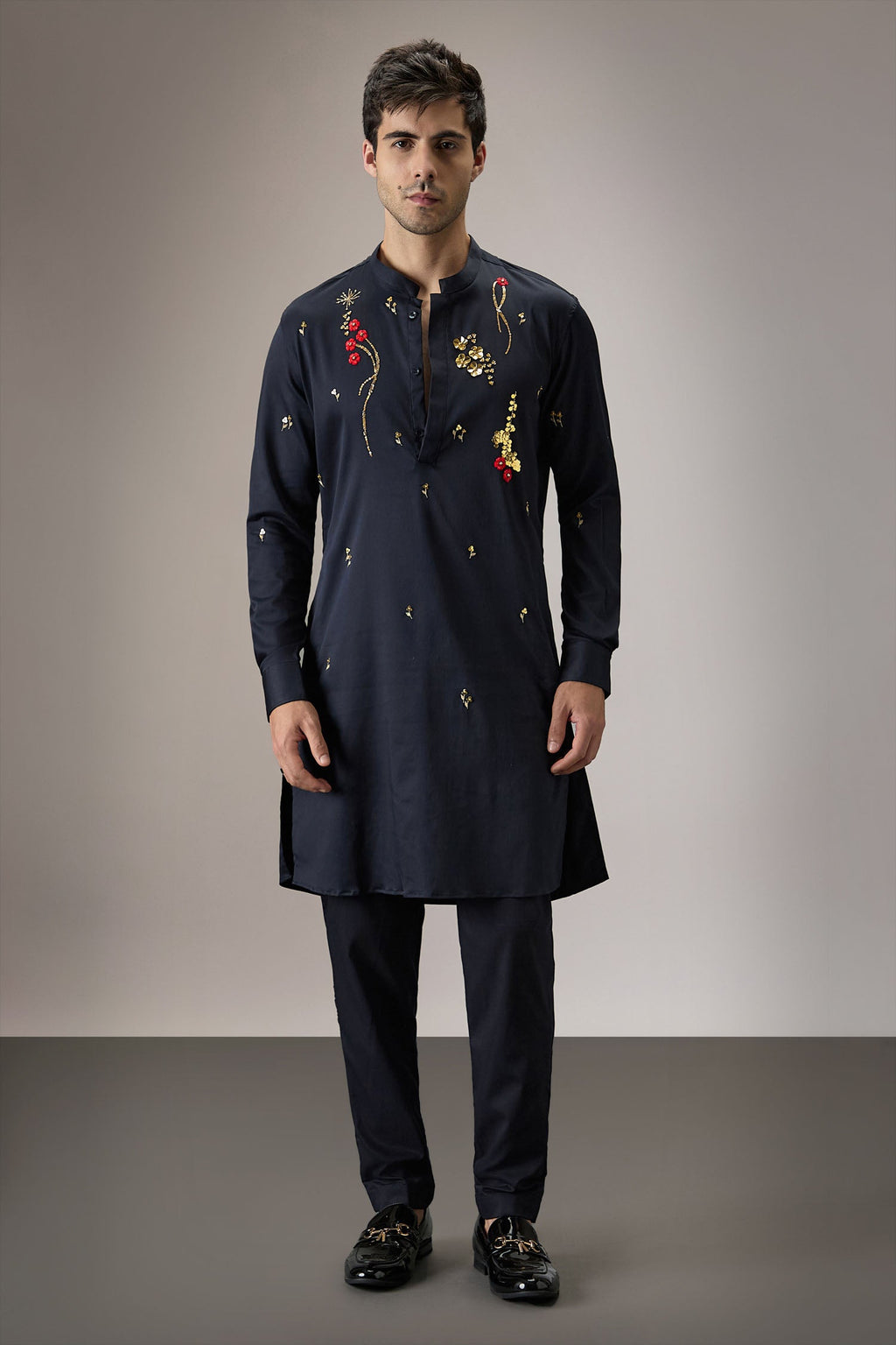 Cascade(Floral) - Hand Embroidered Designer Kurta - Navy
