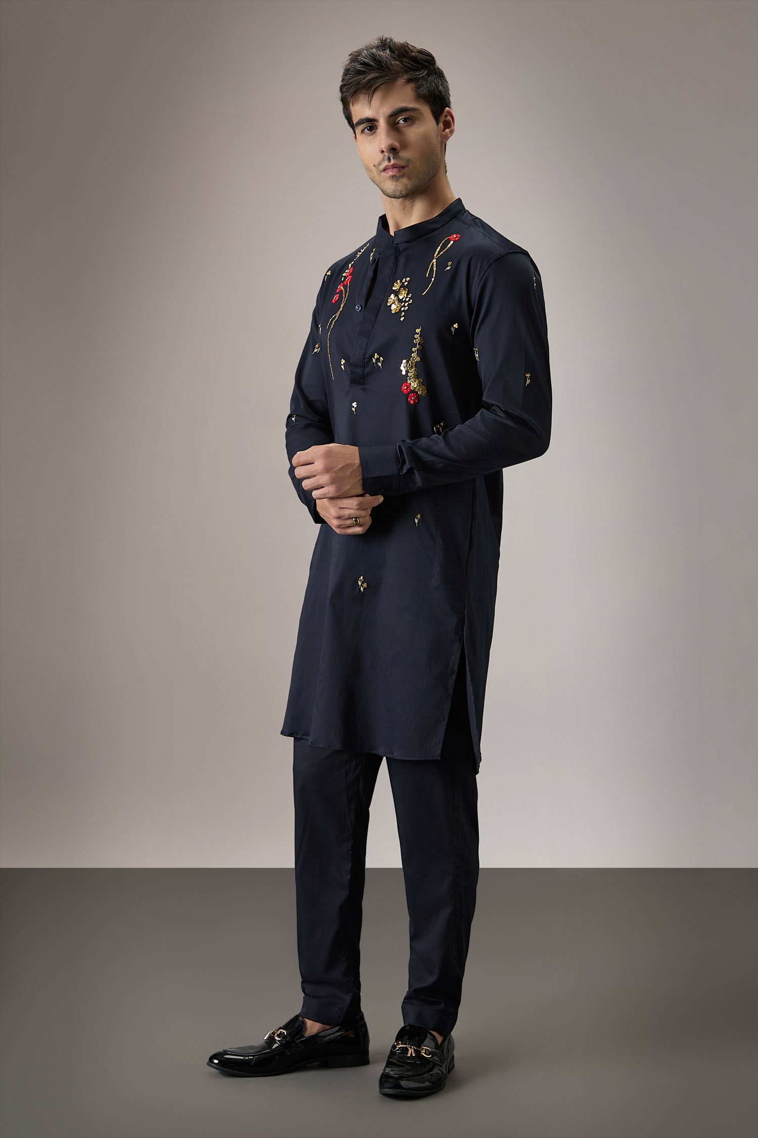 Cascade(Floral) - Hand Embroidered Designer Kurta - Navy
