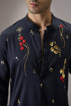 Cascade(Floral) - Hand Embroidered Designer Kurta - Navy