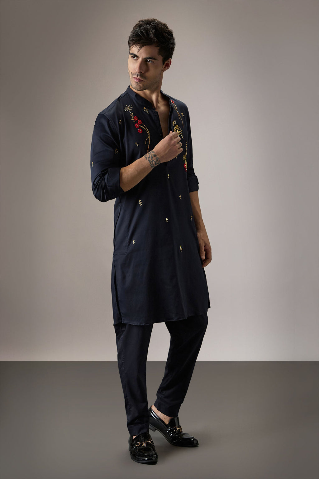Cascade(Floral) - Hand Embroidered Designer Kurta - Navy