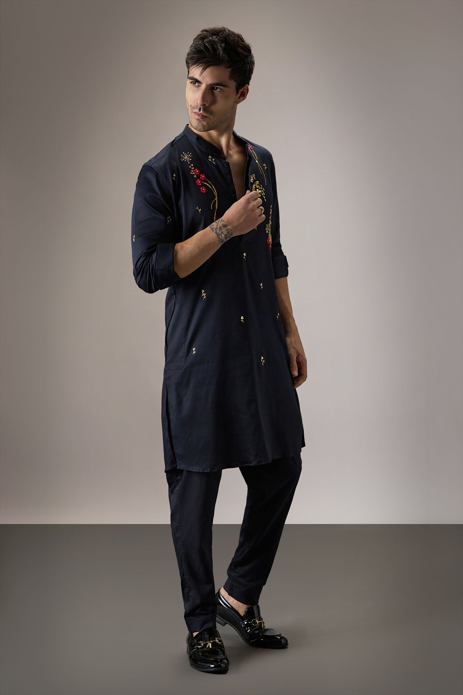 Cascade(Floral) - Hand Embroidered Designer Kurta - Navy