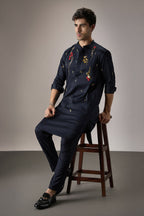 Cascade(Floral) - Hand Embroidered Designer Kurta - Navy