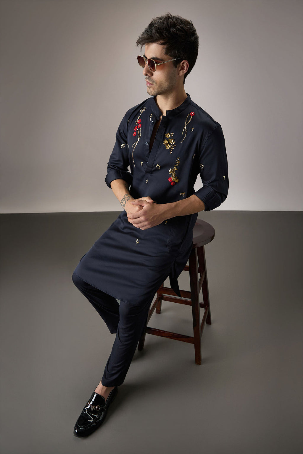 Cascade(Floral) - Hand Embroidered Designer Kurta - Navy