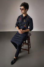 Cascade(Floral) - Hand Embroidered Designer Kurta - Navy