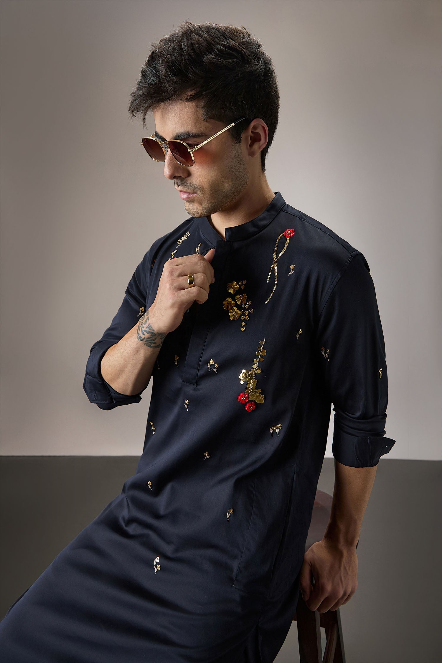 Cascade(Floral) - Hand Embroidered Designer Kurta - Navy