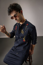 Cascade(Floral) - Hand Embroidered Designer Kurta - Navy