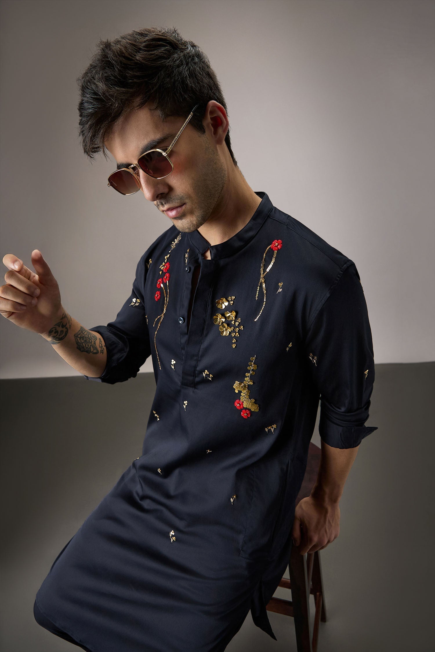 Cascade(Floral) - Hand Embroidered Designer Kurta - Navy