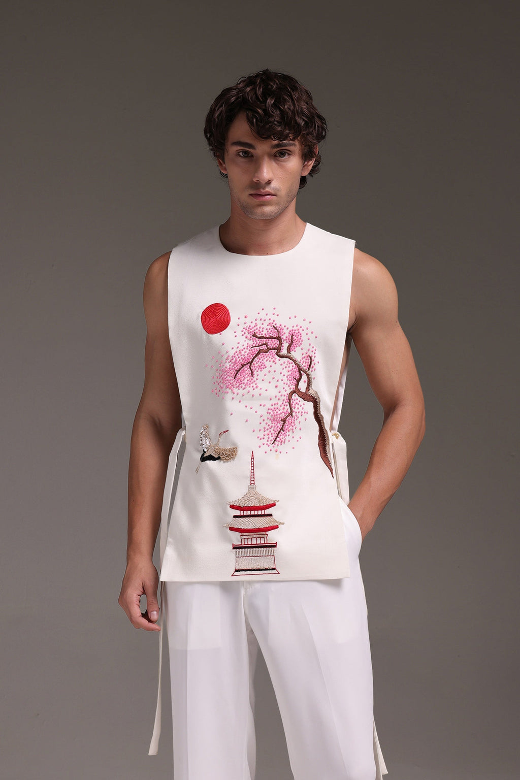 Sakura(Japanese) - Hand Embroidered Designer Bib - Ivory