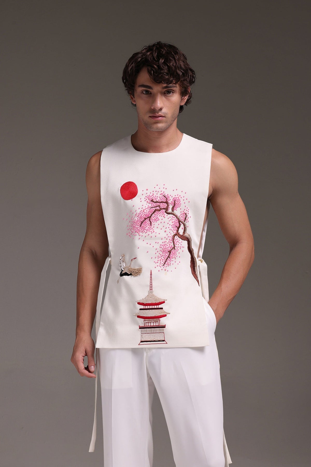 Sakura(Japanese) - Hand Embroidered Designer Bib - Ivory