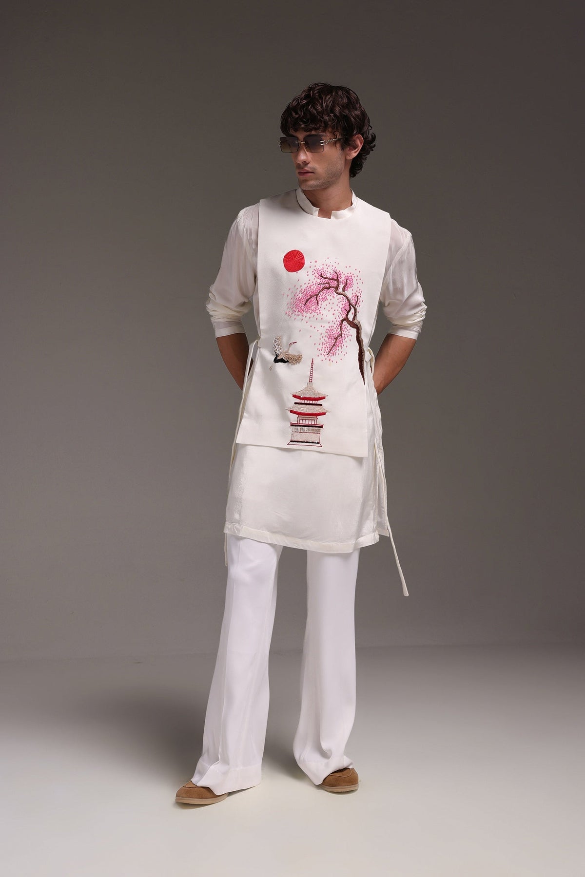 Sakura(Japanese) - Hand Embroidered Designer Bib - Ivory