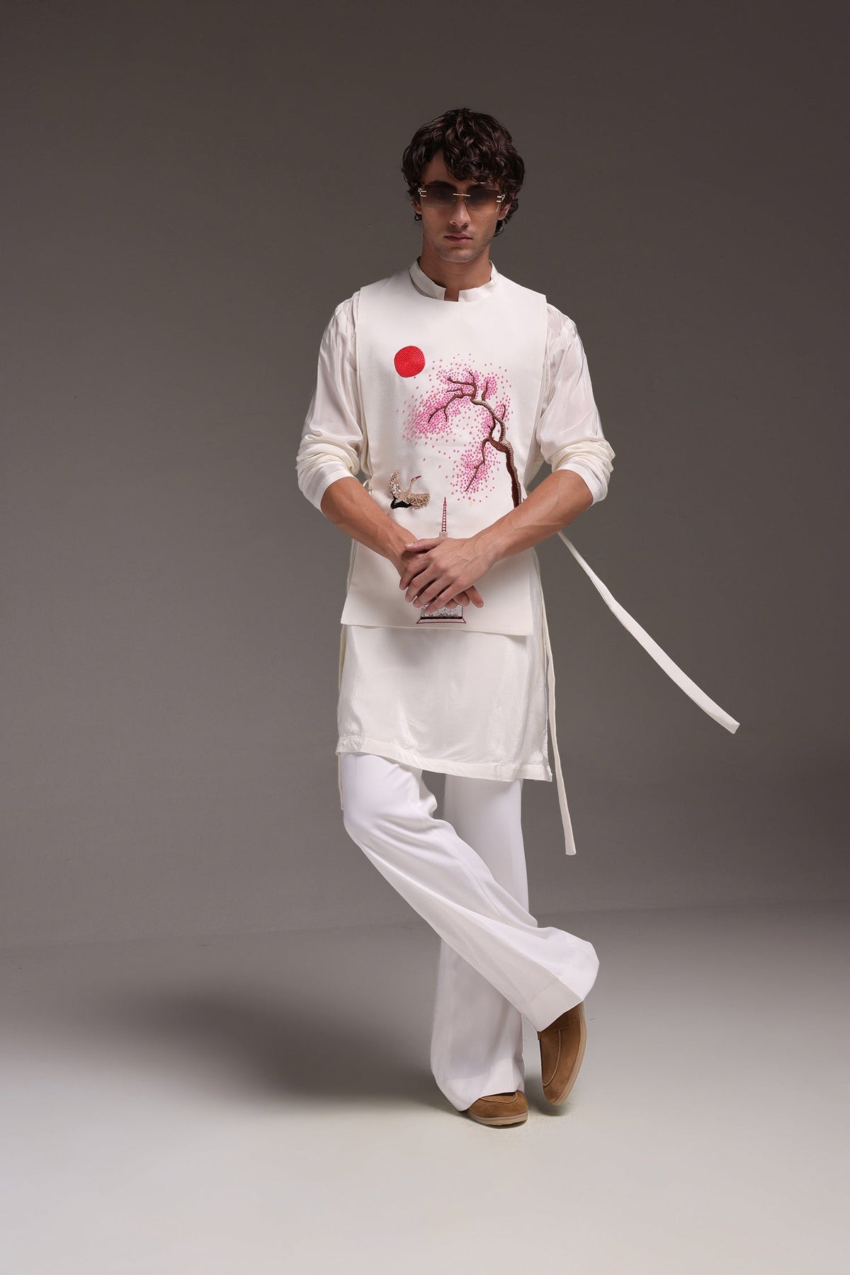 Sakura(Japanese) - Hand Embroidered Designer Bib - Ivory