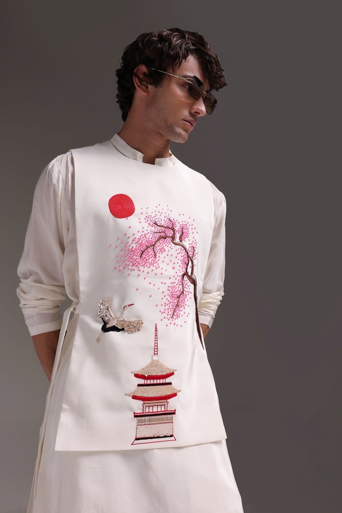 Sakura(Japanese) - Hand Embroidered Designer Bib - Ivory