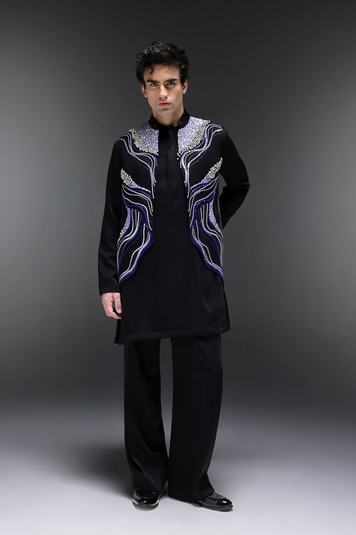 Azure(Ghungru) - Hand Embroidered Designer Bundi With Lachka Kurta - Black